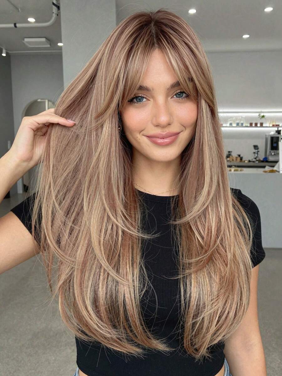 Tóc giả dài 24 inch, thẳng, có mái xéo, chân tóc tối màu, màu vàng nâu highlight, dành cho nữ, tóc ombre nâu, tóc giả tổng hợp chịu nhiệt, thích hợp cho sử dụng hàng ngày, dự tiệc, cosplay. - Tóc vàng ombre - Xem 1