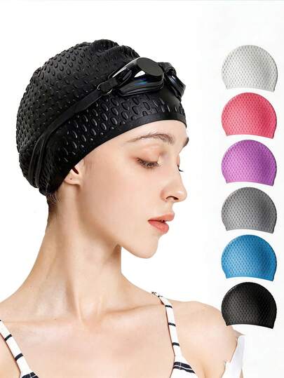 1顶男女通用防水泳帽 - 高弹力，护耳，长发适用 - 大号弹力硅胶潜水帽/泳帽，高弹加厚设计，适合长发女性。保持头发干爽，易于摘取，适合户外水上运动，耐用游泳配件 - 情人节和狂欢节的理想之选，女士泳帽，女士沙滩帽，泳池必备，邮轮必备