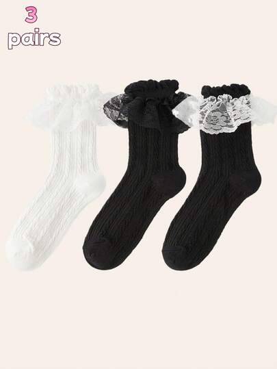 1 Par/2 Pares/3 Pares/4 Pares/5 Pares Calcetines de tripulación de malla y encaje negro y blanco, de moda y lindos para mujeres, aptos para todas las estaciones