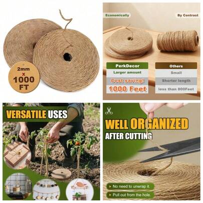 1000FT Natural Jute Twine String Bulk Hemp Rope Cord For Crafts Gardening Gift Wrapping Wedding Décor Packing Material Burlap Ribbon Christmas Knitting Macrame Decoration (Brown 2mm* 1000ft)