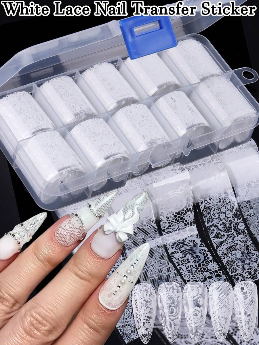 10卷白色蕾丝美甲贴纸,白色蕾丝花卉美甲转印贴纸,适合女士亚克力DIY美甲装饰、婚礼设计 - 白色 - 查看 1