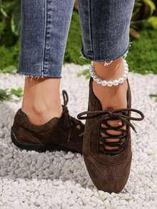 新款女士休闲运动鞋，棕色多功能徒步鞋，镂空圆头系带，舒适平底轻便日常户外徒步通勤鞋 - 棕色 - 查看 9