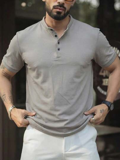 Men's Solid Color Button Henley Neck Half Placket Casual Retro Short Sleeve T-Shirt, Summer