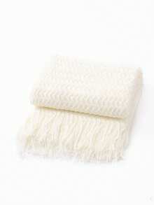 1pc Solid Color Knitted Blanket, Nordic Style Tassel Design Soft Throw Blanket, Suitable For Office Nap, Bed, Sofa, Daily Use - White Seashell Scarf - View 4