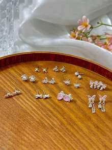 11 Pairs Cat's Eye Stud Earrings Set With Shallow-Colored Bow, Glitter Pink Earrings, Zinc Alloy Rhinestone Earrings, Fashionable & Suitable For Daily Wear, A Gift For Girlfriend - Hồng - Xem 4