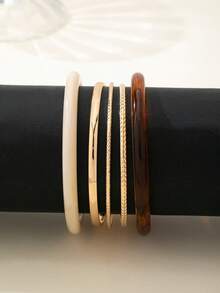 5件套优雅复古亚克力圆形金属素面手镯，时尚简约设计，适合休闲和派对佩戴，女士 - 彩色 - 查看 4