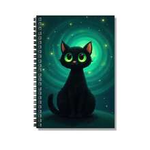 100-Page Spiral Notebook With Dreamy Starry Sky & Black Cat Theme. The Cover Features A Black Cat With A Green Halo And Stars, Which Is Cute And Mysterious. Suitable For Work Records, Study Notes, Daily Diaries, And Also Makes A Thoughtful Graduation Or Birthday Gift. A Great Companion For Memos And Daily Planning. - E - View 3