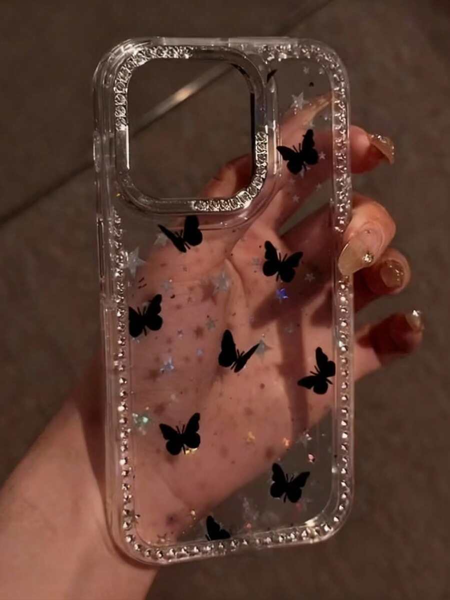 奢华亮黑色蝴蝶星形透明全包手机壳，适用于 17、17 Air、17 Pro、17 Pro Max、16、15、14、13、12、11 Pro Max，带水钻镜头保护，柔软 TPU 材质，防震防摔，男女通用 - 無色 - 查看 1