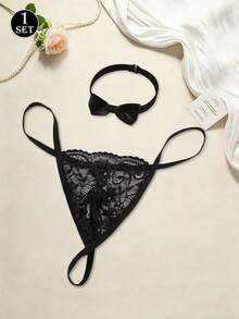Men's Floral Lace Thong Underwear, Sexy Sheer Briefs With Bow Tie Neck Accessory - Black - View 1