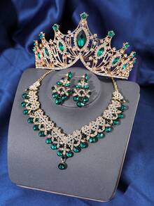 Bộ trang sức cưới phong cách Baroque 4 món, bao gồm vương miện hợp kim, dây chuyền đính đá và bông tai, phụ kiện cưới thanh lịch phù hợp cho cô dâu, sinh nhật, các sự kiện hóa trang, vương miện cài tóc, mùa hè, phụ kiện tóc, ngày lễ. - Nhiều màu - Xem 6