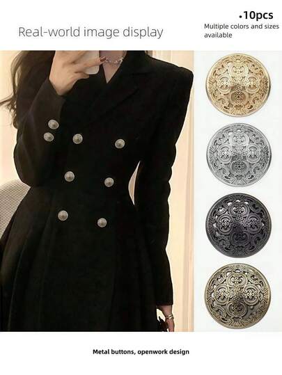 10 Stück Vintage-Stil Metallknöpfe - Blumen geprägte Legierung zum Aufnähen für Kleider, Jeans und Basteleien, 4 Farboptionen (Schwarz/Bronze/Gold/Silber), verschiedene Größen verfügbar (15mm/0,59 Zoll/20mm/0,78 Zoll/25mm/0,98 Zoll)
