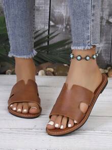 Dép lê nữ mùa hè kiểu retro họa tiết hình học khoét rỗng, dép sandal đế bằng tối giản đi biển. - màu nâu - Xem 5