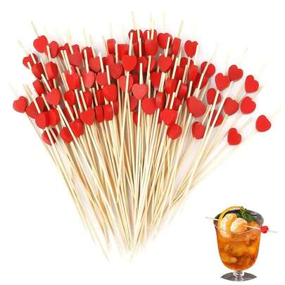 200/20 piezas Pinchos de bambú con forma de corazón rojo, adecuados para frutas, postres, aperitivos, brochetas de frutas, magdalenas, sándwiches, palillos para cócteles, ideales para cumpleaños, bodas, fiestas y talla grande