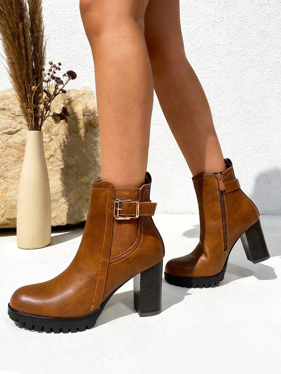 TULIPANO KESCA Boots Stivaletti bassi da donna, stivaletti autunno-inverno da donna con plateau - Tacco alto e spesso, design  con cerniera interna, elastico e fibbia - Cammello - Visualizzare 1