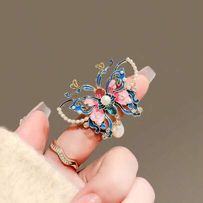 1pcLuxury Enamel Butterfly Brooch For Women - Blue & Pink Floral Design With Pearls & Crystals, Vintage Style Pin For Hair, Hat, Bag, Dress, Gift For Her