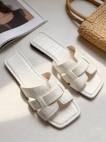 Women's Flat Slide Sandals, Fashionable Square Toe White Floral Design, Suitable For Dresses, Summer - White - View 1