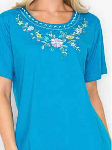 Women Short Sleeves Embroidered Cotton Blend Lounge Wear  Sets - Teal - View 4