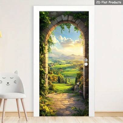 1/2 Pc Sunrise Landscape Door Sticker, Stone Arch Self-Adhesive Removable Wall Sticker, Landscape Sticker, Natural Harmony Door And Wall Sticker, Green Valley Door Decoration, Landscape Door Sticker, 2D Flat