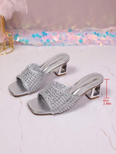 Woven Hollow-Out Slide Sandals For Women, Vacation Style One-Word Slip-On Open Toe Square Heel Shoes, Summer Beach