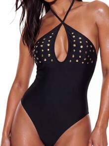 Lucky Girl Women's Sexy Black Gold Foil Criss-Cross One-Piece Swimsuit Set, 3D Polka Dot, For Beach & Holiday Vacation Summer - Black - View 5