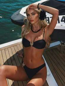 wohenmeili Solid Color Spaghetti Strap Scorpion Decor Clasp Coordinated Summer Beach Bikini Set Vacation Black - Black - View 1