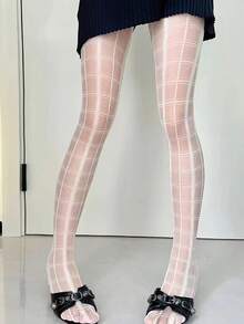 1双女士复古格子连裤袜，轻盈透气，经久耐穿，适合聚会、夜间外出和主题派对。 - 白色 - 查看 2