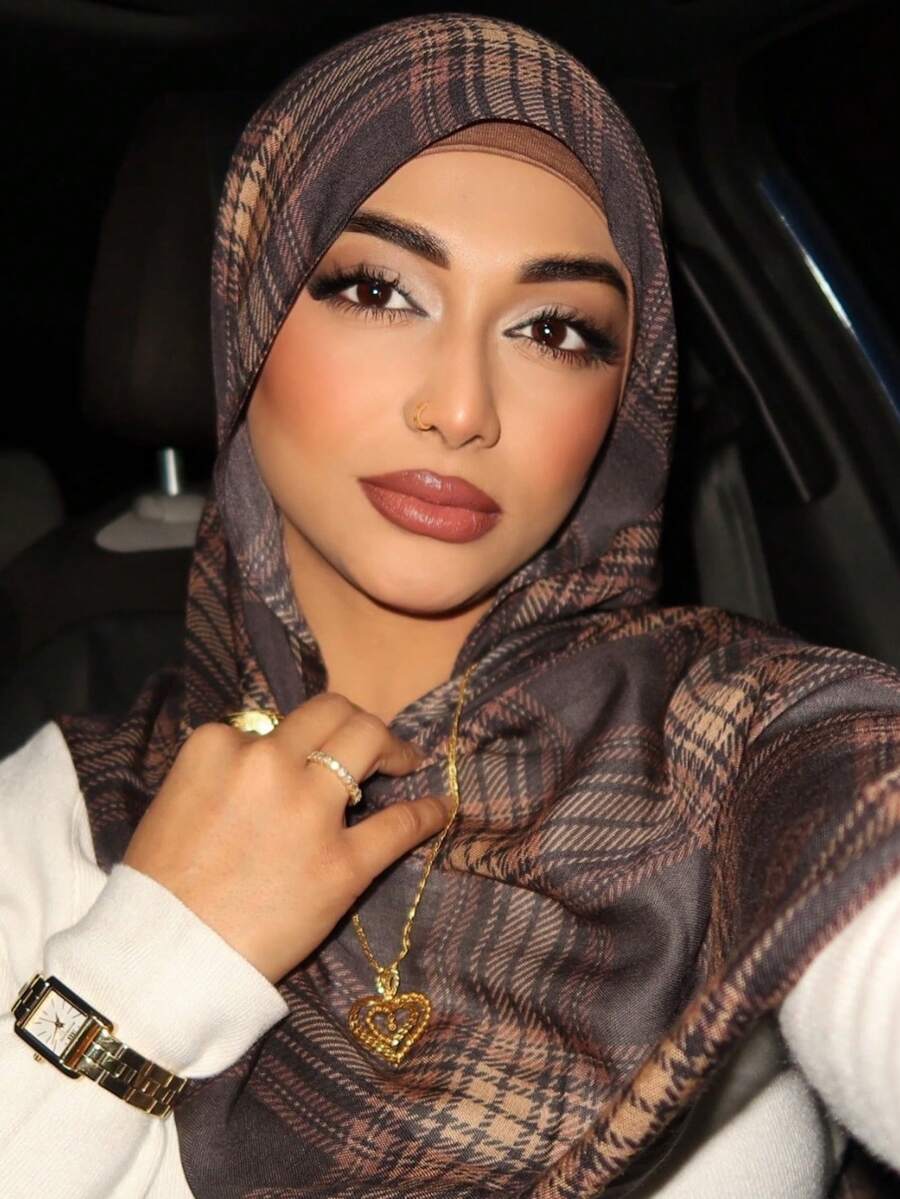 1pc Women's Casual Fashion Plaid Print Muslim Headscarf, Collegiate Style Scarf Shawl, Suitable For Abaya Daily Matching