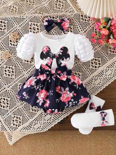 5pcs/Set Baby Girl Floral & Bow Print Outfit, Includes Ruffle Sleeve Top, Floral Romper, Skirt, Socks, And Headband