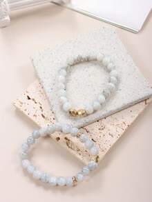 2 Pcs Gold Heart-Shaped Beaded Bracelet, Imitation Natural Stone Bead Bracelet, Couple's Bracelet, Friendship Bracelet, The Best Gift For Mom, Girlfriend, Or Friend. - Multicolor - View 6