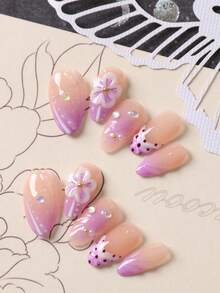 10pcs Press On Nails Almond Nails Purple White Flower Nails Press On Nail Supplies Fake Nails Short Office DailyWear False Nails Artificial Nails Kit Includes 1sheet Adhesive Tabs &1 Pc Mini File - Multicolor - View 1