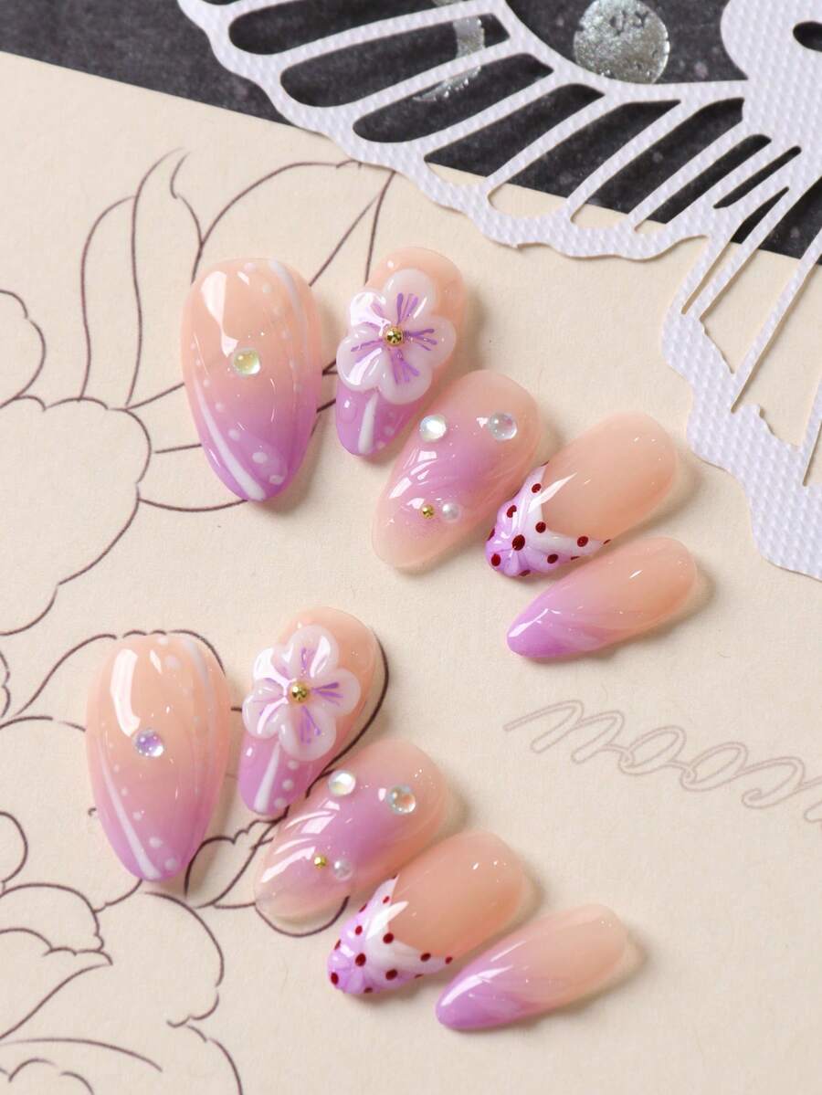 10pcs Press On Nails Almond Nails Purple White Flower Nails Press On Nail Supplies Fake Nails Short Office DailyWear False Nails Artificial Nails Kit Includes 1sheet Adhesive Tabs &1 Pc Mini File - Multicolor - View 1