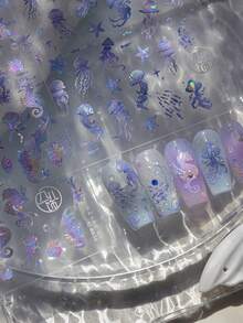 1片5D蓝色美甲贴纸，INS创意海洋系列拍照道具美人鱼尾巴美甲贴纸，混合款式美甲装饰 - 彩色 - 查看 3