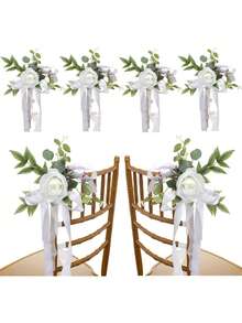 2 piezas Decoración de pasillo de boda con rosas, que incluye flores para bancos de iglesia, decoraciones para sillas de ceremonia y recepción de boda, decoración de bancos, decoraciones de iglesia, con flores artificiales, hojas de eucalipto y cintas, decoraciones de boda - color aleatorio - Ver 1