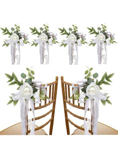 2pcs Rose Wedding Chair Back Decoration, Wedding Aisle Decoration, Including Church Bench Flowers, Wedding Ceremony And Banquet Chair Decoration, Bench Decoration, Church Pew Decoration, Containing Artificial Flowers, Eucalyptus Leaves And Ribbons, Wedding Decoration.