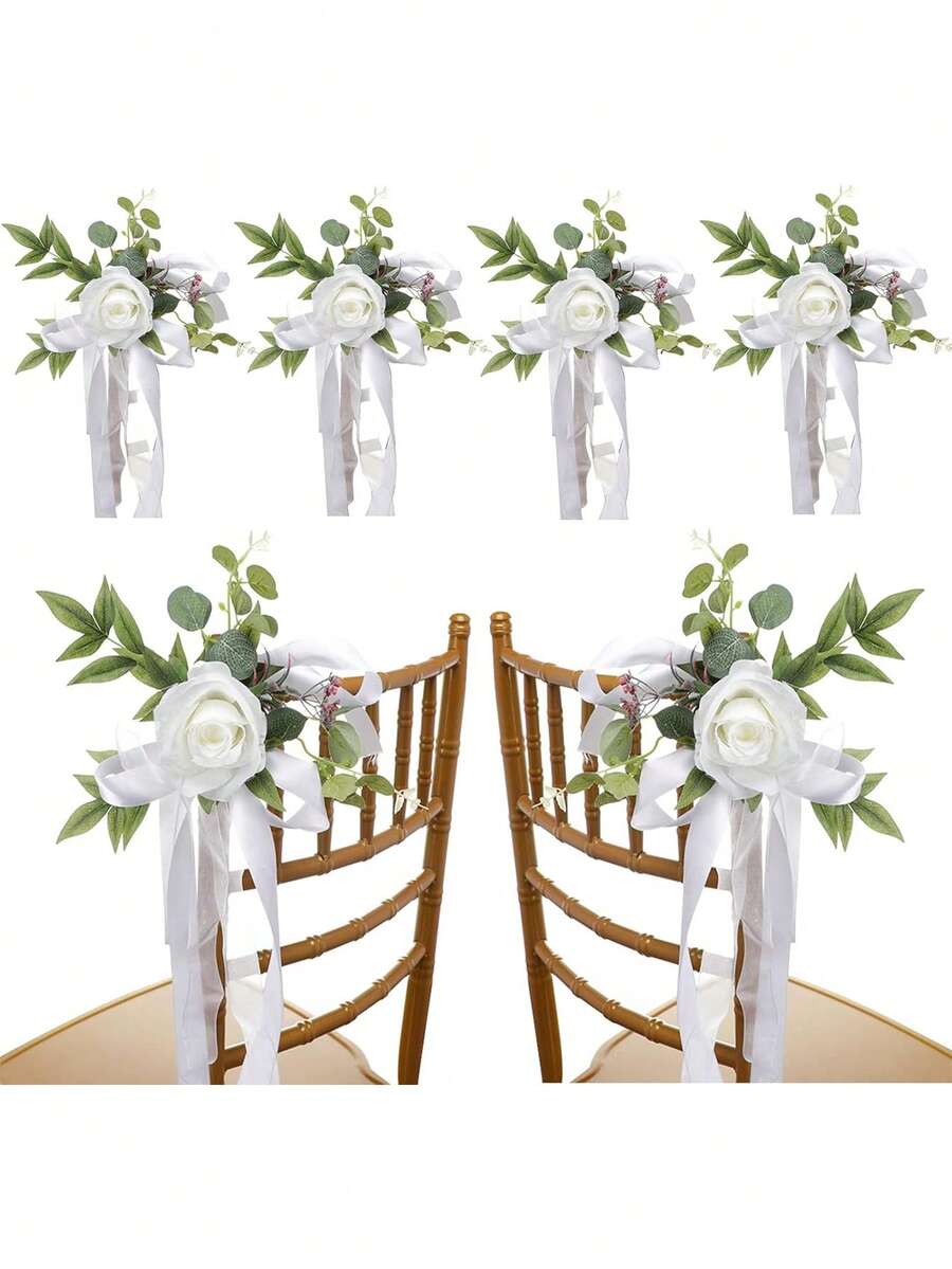 2 piezas Decoración de pasillo de boda con rosas, que incluye flores para bancos de iglesia, decoraciones para sillas de ceremonia y recepción de boda, decoración de bancos, decoraciones de iglesia, con flores artificiales, hojas de eucalipto y cintas, decoraciones de boda - color aleatorio - Ver 1