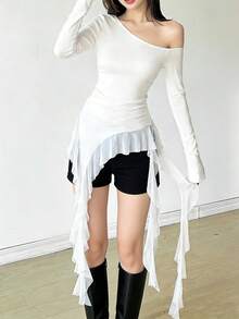 女款甜美精緻街頭風修身長袖露肩荷葉邊流蘇上衣，純色針織布料拼接網紗，優雅適用派對、約會、日常、機場，春夏白色 - 白色 - 查看 4