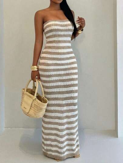 Fashionable Women's Cover-Up Dress, New Summer Strapless Striped Waist Bodycon Knit Maxi Dress Vacation