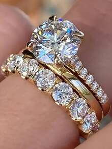 3件套奢华优雅金合金订婚戒指套装，婚礼派对珠宝礼物，适合周年纪念日、情人节、生日等场合 - 金色 - 查看 2