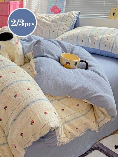 2/3pcs Set Blue Tulip, Heart & Floral Striped Dye Soft & Cozy Jacquard Bedding Set, Cute For Student Dorm, Spring/Summer, Twin/Full/Queen Size