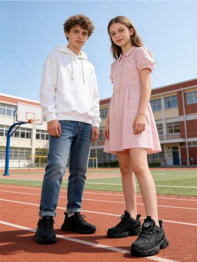 青少年黑色运动鞋，学生休闲运动鞋，户外活动和学校，防滑耐用跑鞋，适合所有季节