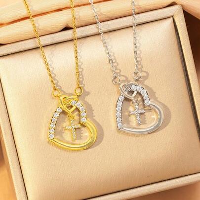 1pc Elegant Luxury Zirconia Inlaid Heart Cross Pendant Necklace, Fashionable Versatile Choker Necklace Suitable For Daily Wear