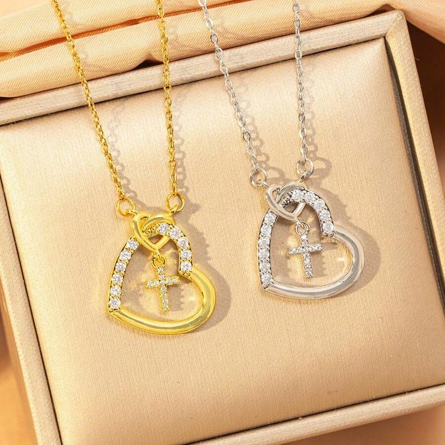 1件优雅奢华锆石镶嵌心形十字架吊坠项链，时尚百搭的颈链，适合日常佩戴 - 彩色 - 查看 1