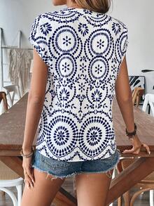 女士舒适竹编打结印花V领休闲衬衫 - 藏蓝色 - 查看 2