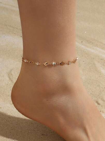 1pc Hollow Heart Rhinestone Inlaid Chain Anklet, Minimalist Beach Resort Chain Anklet For Women, Suitable For Evening Party Jewelry