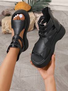 Giày sandal cao gót đế dây cho nữ, gót đế xuồng, hở mũi, thắt nơ chéo, đế platform, thích hợp cho mùa hè và mùa xuân. - màu đen - Xem 1