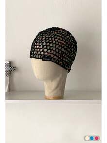 Handmade Sequin Hollow-Out Mesh Cap, Fashionable Retro Versatile Beanie Hat, Minimalist Knitted Headwrap, Shiny Knitted Beanie, Fishnet Cap, Lightweight Breathable Knitted Beanie For Spring & Summer - Multicolor - View 6