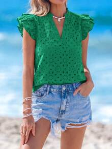 Women Summer V Neck Ruffle Cap Sleeve Hollow Out Eyelet Embroidered Double Layer Boho Shirts Casual Pullover Blouses Dressy Outfits Tops - Dark Green - View 3