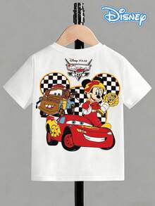 Disney Casual Lightning McQueen Double-Sided Kids' Tee – Versatile White Short Sleeve Top With Race-Themed Print For Mix-And-Match Outfits - White - View 4