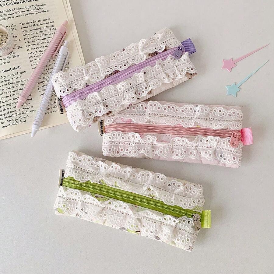 1pc Cute Lace Trim Pencil Case, Small Student Stationery Storage Pouch - Lace-trimmed Pencil Case - View 1