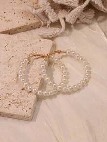 1 Pair Minimalist Fashion Pearl Hoop Earrings, Gift For Her, Everyday Wear For Women - Gold - View 5